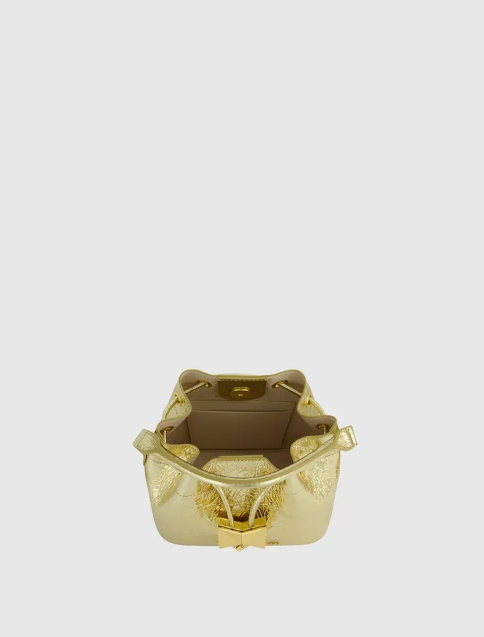 Women Bucket Bags Mac Duggal Crinkle Metallic Gold Leather Mini Bucket Bag With Detachable Strap 8211 Gold