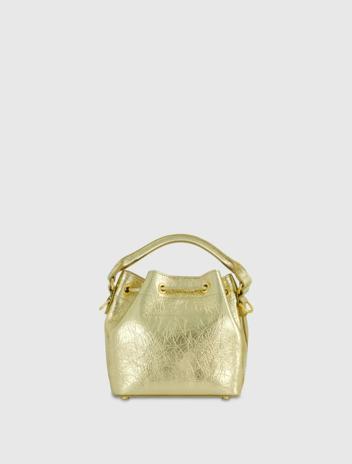 Women Bucket Bags Mac Duggal Crinkle Metallic Gold Leather Mini Bucket Bag With Detachable Strap 8211 Gold