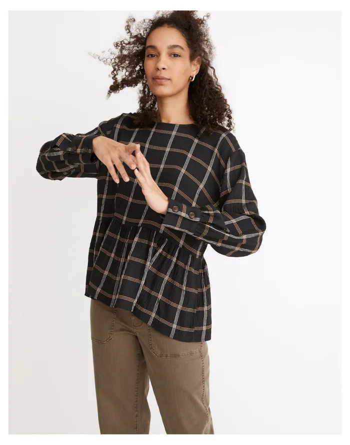 Women Button Back Peplum Top In Plaid Dark Nightfall Madewell Tops and Shirts