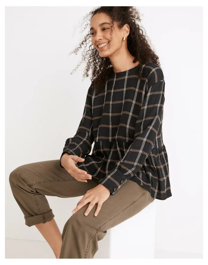 Women Button Back Peplum Top In Plaid Dark Nightfall Madewell Tops and Shirts Women Button Back Peplum Top In Plaid Dark Nightfall Madewell Tops and Shirts
