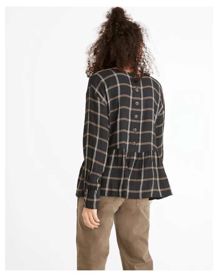 Women Button Back Peplum Top In Plaid Dark Nightfall Madewell Tops and Shirts Women Button Back Peplum Top In Plaid Dark Nightfall Madewell Tops and Shirts