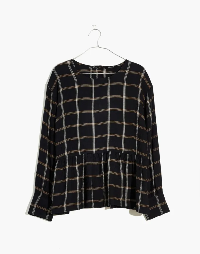 Women Button Back Peplum Top In Plaid Dark Nightfall Madewell Tops and Shirts Women Button Back Peplum Top In Plaid Dark Nightfall Madewell Tops and Shirts