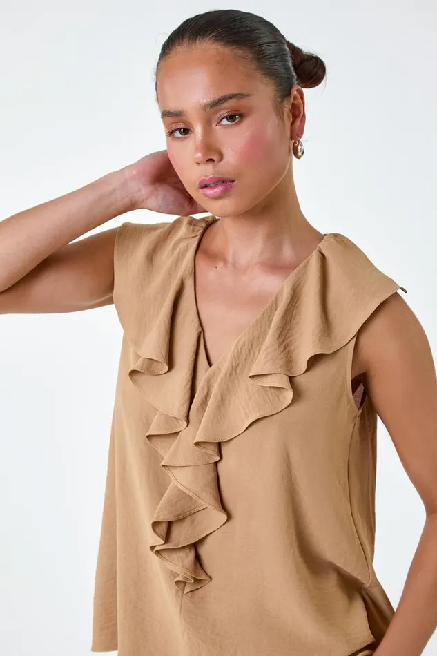 Women Camel Petite Frill Front Vest Top Roman Tops
