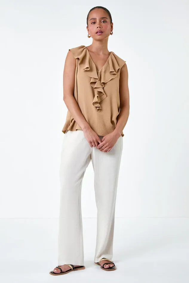 Women Camel Petite Frill Front Vest Top Roman Tops