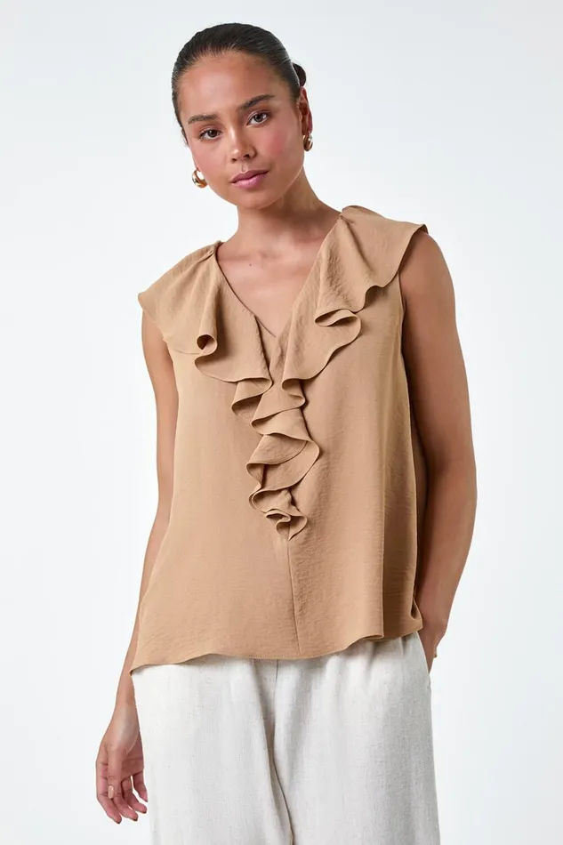 Women Camel Petite Frill Front Vest Top Roman Tops