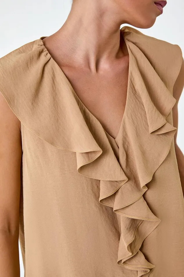Women Camel Petite Frill Front Vest Top Roman Tops