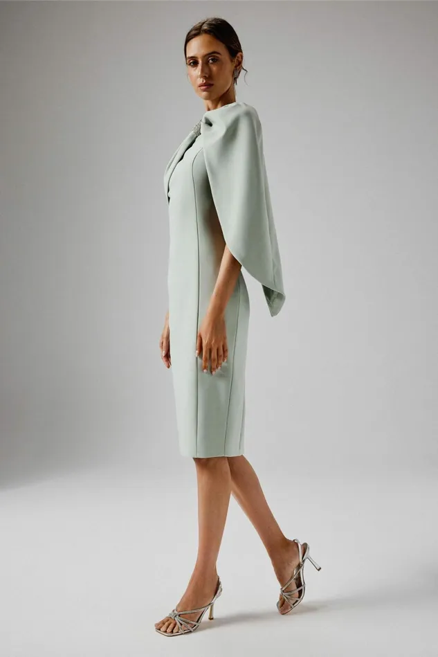 Women Cape Dresses Lavish Alice TINA One Shoulder Embellished Bow Cape Midi Dress In Sage Green Sage Green