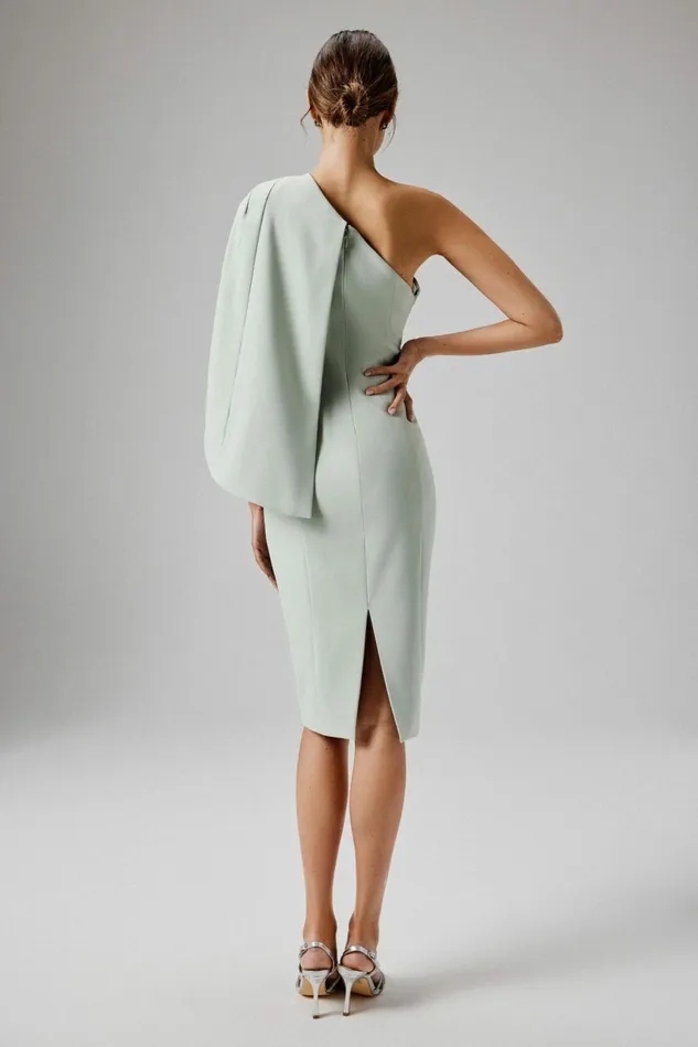 Women Cape Dresses Lavish Alice TINA One Shoulder Embellished Bow Cape Midi Dress In Sage Green Sage Green