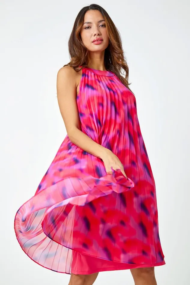 Women Cerise High Neck Abstract Pleated Swing Dress Roman Dresses