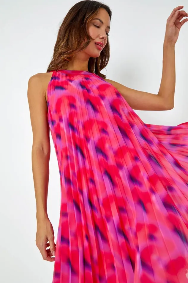 Women Cerise High Neck Abstract Pleated Swing Dress Roman Dresses