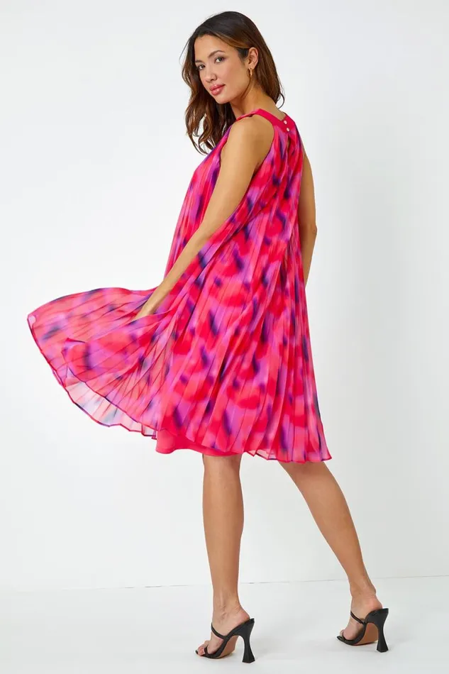 Women Cerise High Neck Abstract Pleated Swing Dress Roman Dresses