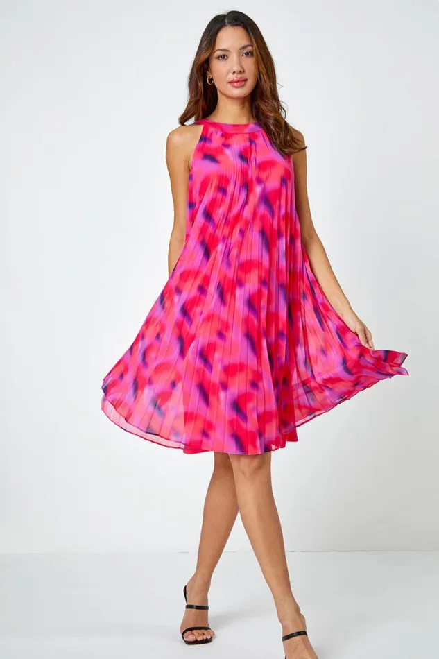Women Cerise High Neck Abstract Pleated Swing Dress Roman Dresses
