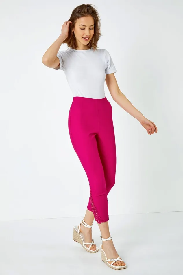 Women Cerise Lace Insert Elastic Waist Cropped Trouser Roman Coords