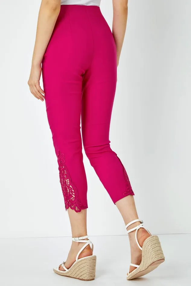 Women Cerise Lace Insert Elastic Waist Cropped Trouser Roman Coords