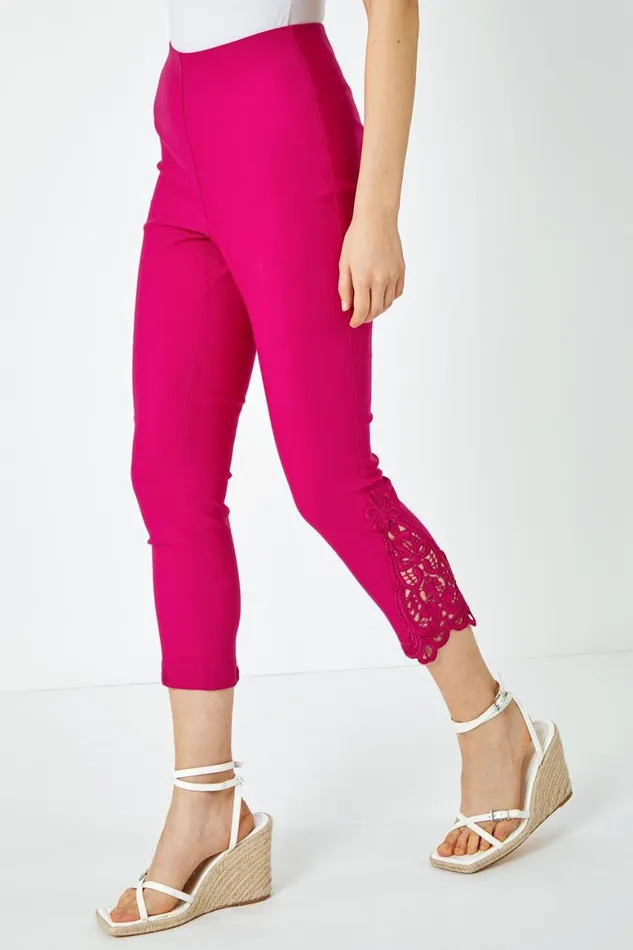 Women Cerise Lace Insert Elastic Waist Cropped Trouser Roman Coords