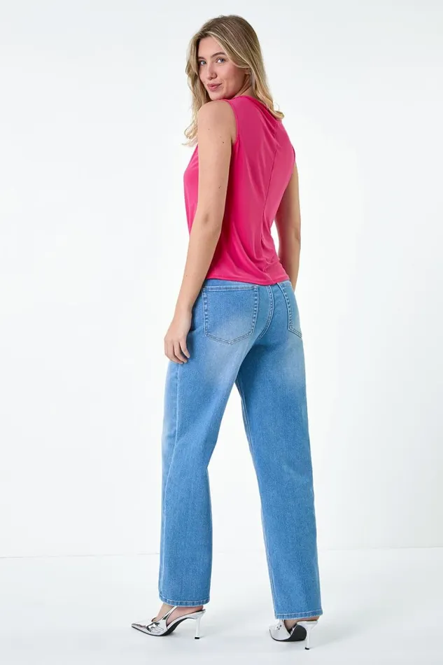 Women Cerise Ruched Twist Cowl Neck Stretch Top Roman Tops