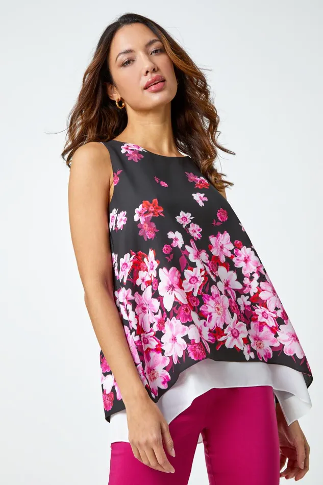 Women Cerise Sleeveless Floral Double Layer Chiffon Top Roman Tops