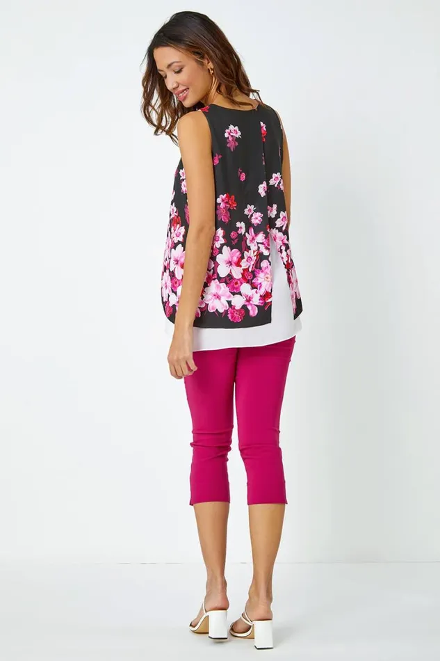 Women Cerise Sleeveless Floral Double Layer Chiffon Top Roman Tops