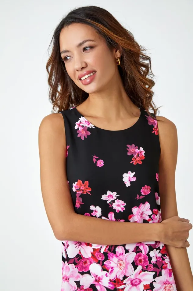 Women Cerise Sleeveless Floral Double Layer Chiffon Top Roman Tops