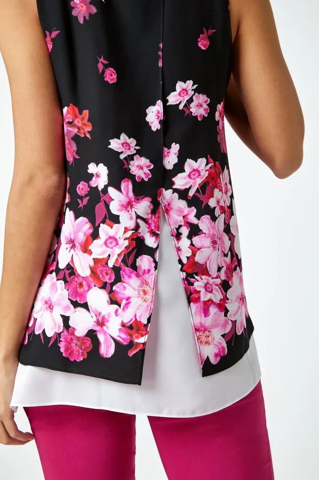 Women Cerise Sleeveless Floral Double Layer Chiffon Top Roman Tops