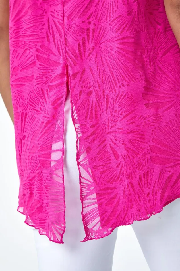 Women Cerise Sleeveless Textured Burnout Print Top Roman Tops