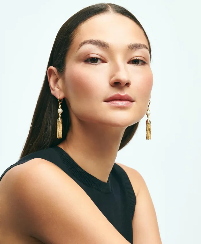 Women Chain Tassel Pearl Earrings Gold Brooks Brothers Jewelry