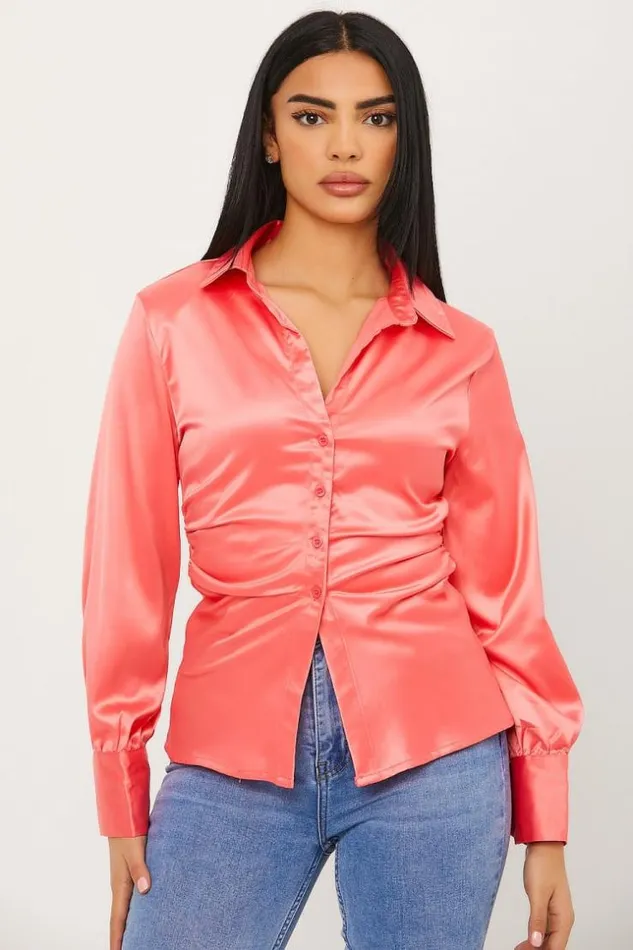 Women Chemise Rose Plisse Et Satine Pink Brentiny Paris Shirts and Blouses