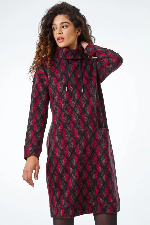 Women Chocolate Roll Neck Jacquard Leaf Cotton Dress Roman Dresses