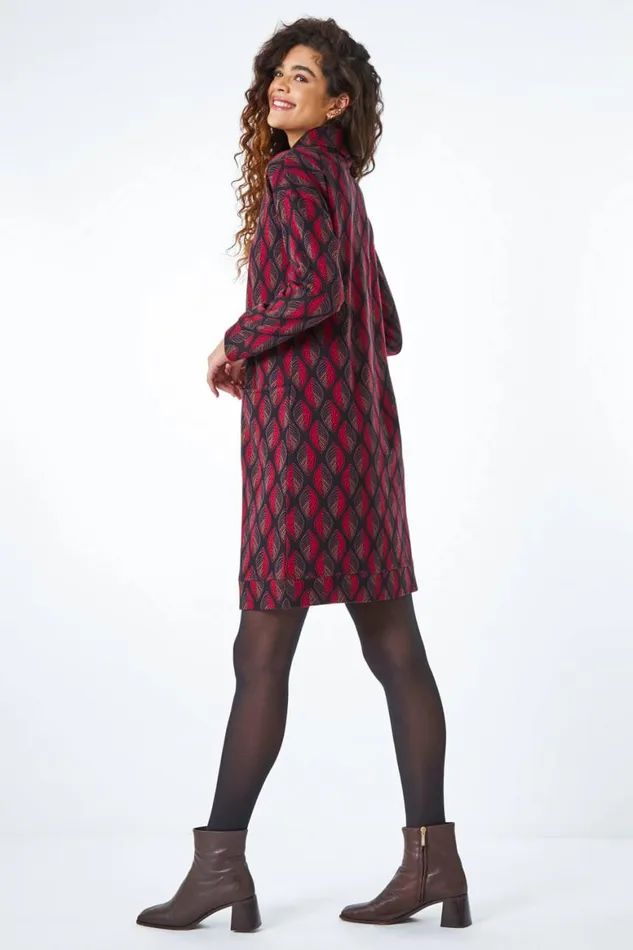 Women Chocolate Roll Neck Jacquard Leaf Cotton Dress Roman Dresses