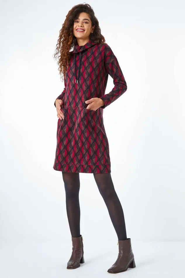 Women Chocolate Roll Neck Jacquard Leaf Cotton Dress Roman Dresses