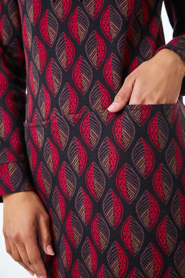 Women Chocolate Roll Neck Jacquard Leaf Cotton Dress Roman Dresses