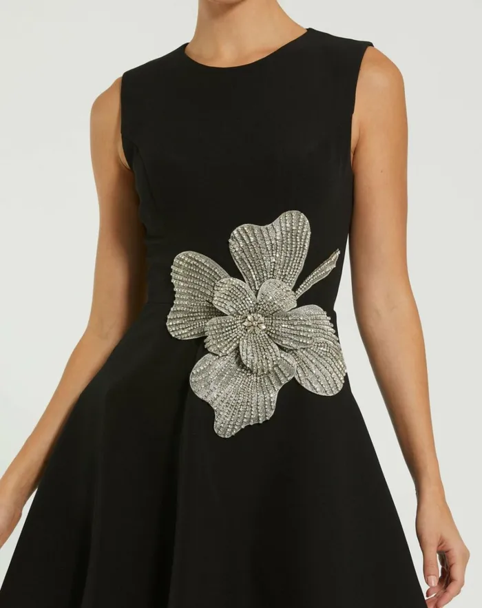 Women Cocktail Dresses Mac Duggal Crepe Sleeveless Mini Dress With Rhinestone Flower Black