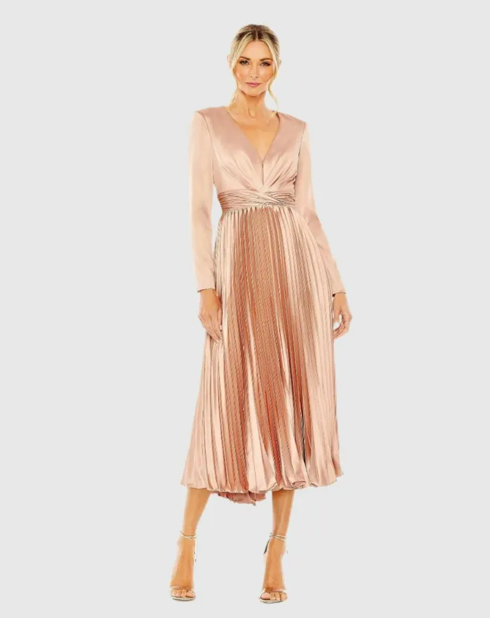Women Cocktail Dresses Mac Duggal Pleated Long Sleeve VNeck Dress Rose
