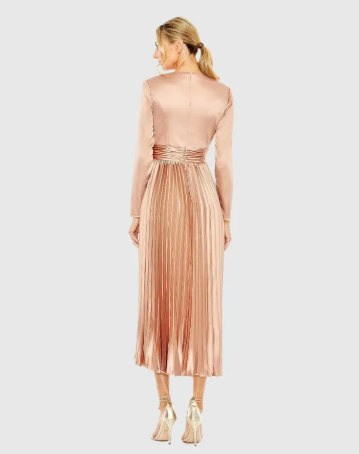 Women Cocktail Dresses Mac Duggal Pleated Long Sleeve VNeck Dress Rose