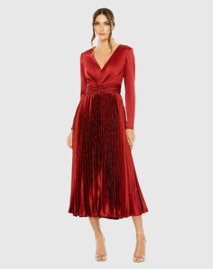 Women Cocktail Dresses Mac Duggal Pleated Long Sleeve VNeck Dress Rose