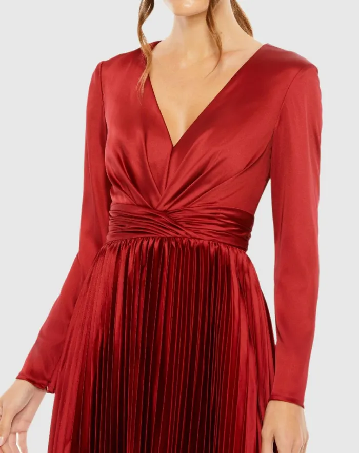 Women Cocktail Dresses Mac Duggal Pleated Long Sleeve VNeck Dress Rose