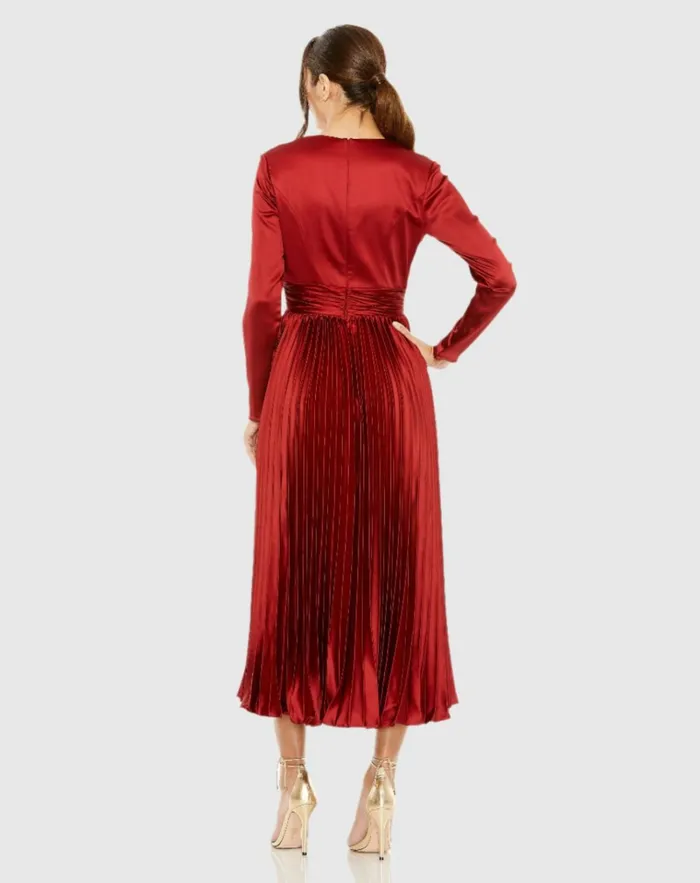 Women Cocktail Dresses Mac Duggal Pleated Long Sleeve VNeck Dress Rose