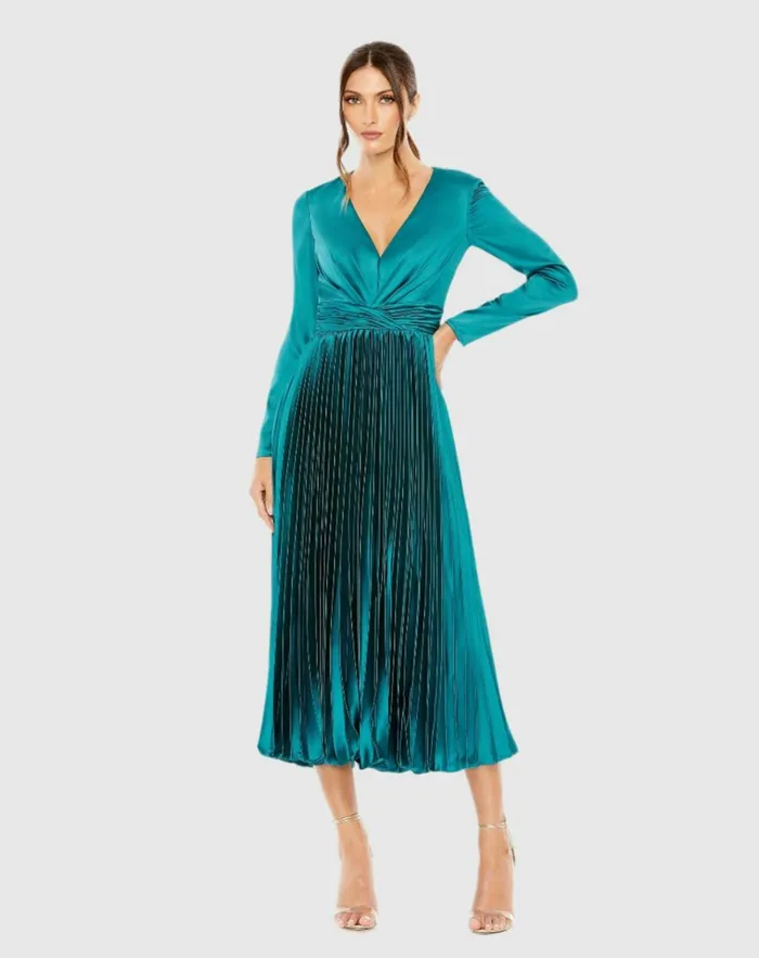 Women Cocktail Dresses Mac Duggal Pleated Long Sleeve VNeck Dress Rose