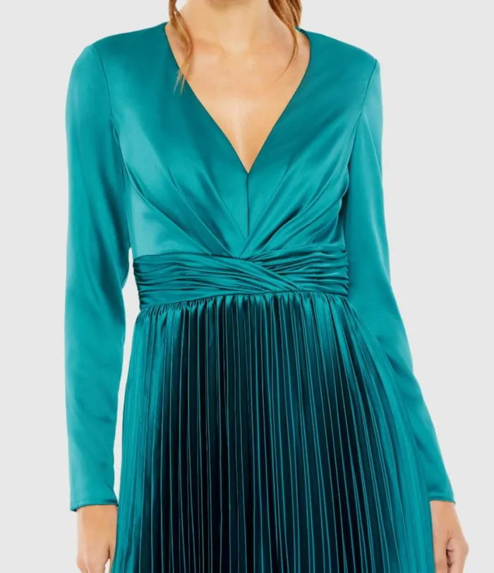 Women Cocktail Dresses Mac Duggal Pleated Long Sleeve VNeck Dress Rose