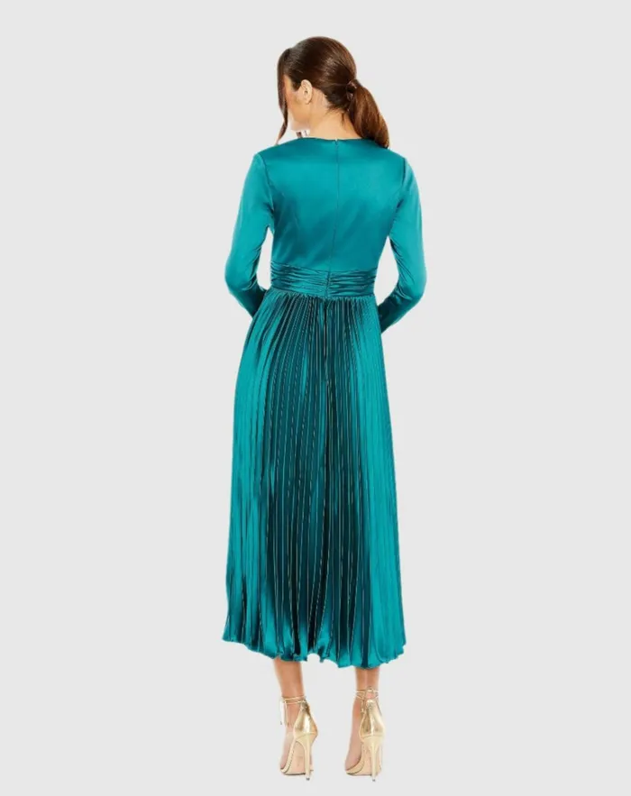 Women Cocktail Dresses Mac Duggal Pleated Long Sleeve VNeck Dress Rose