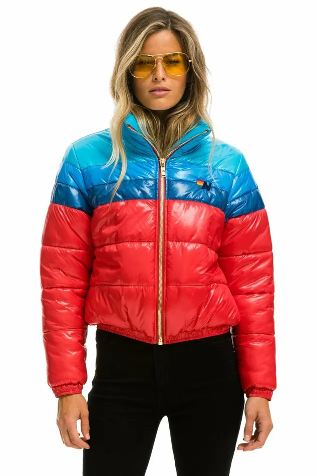 Women COLOR BLOCK LUXE APRES PUFFER JACKET 8211 GLOSSY CHERRY Aviator Nation Outerwear