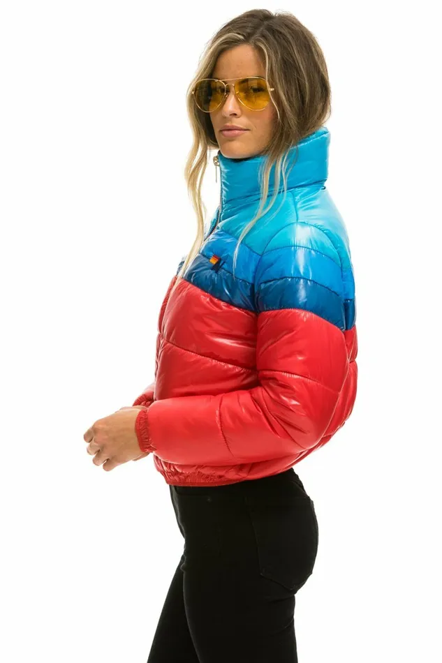 Women COLOR BLOCK LUXE APRES PUFFER JACKET 8211 GLOSSY CHERRY Aviator Nation Outerwear Women COLOR BLOCK LUXE APRES PUFFER JACKET 8211 GLOSSY CHERRY Aviator Nation Outerwear