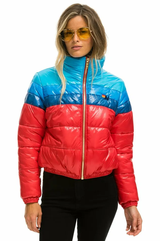 Women COLOR BLOCK LUXE APRES PUFFER JACKET 8211 GLOSSY CHERRY Aviator Nation Outerwear Women COLOR BLOCK LUXE APRES PUFFER JACKET 8211 GLOSSY CHERRY Aviator Nation Outerwear