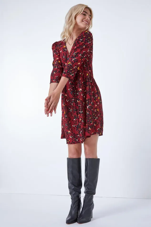 Women Copper Leopard Print Button Through Dress Roman Dresses