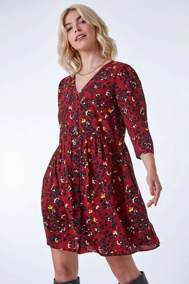 Women Copper Leopard Print Button Through Dress Roman Dresses