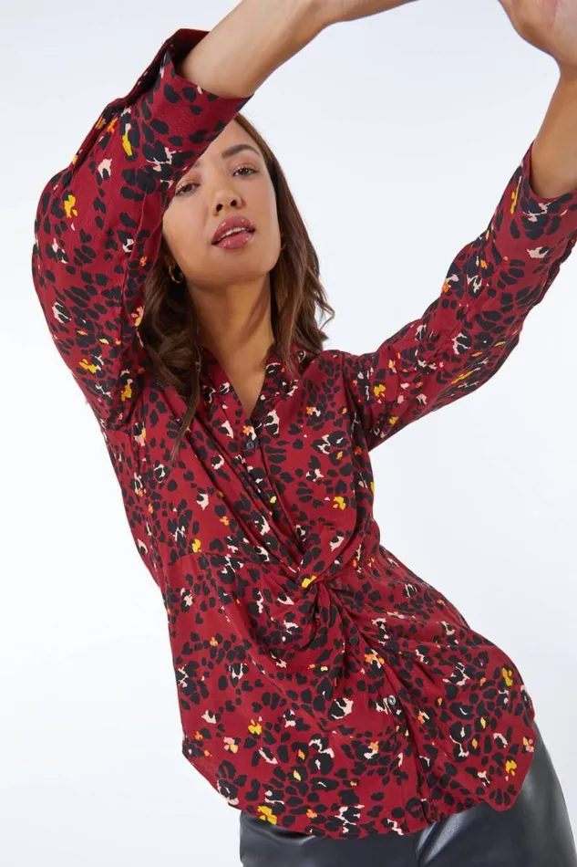 Women Copper Leopard Print Knot Detail Long Sleeve Blouse Roman Tops