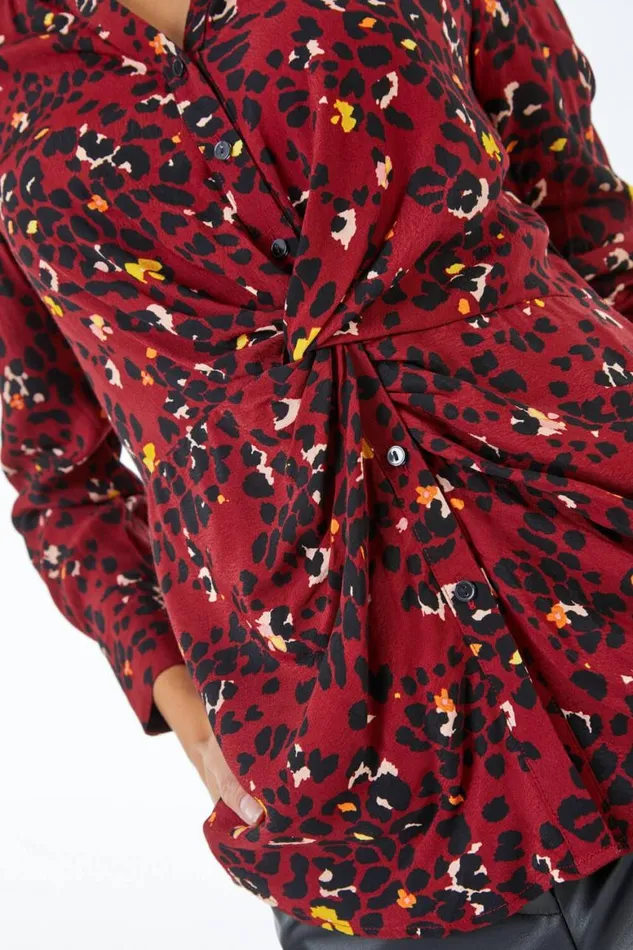 Women Copper Leopard Print Knot Detail Long Sleeve Blouse Roman Tops