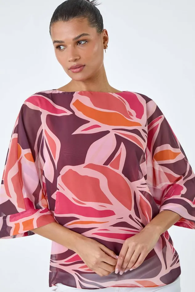 Women Coral Floral Print Overlay Top Roman Tops