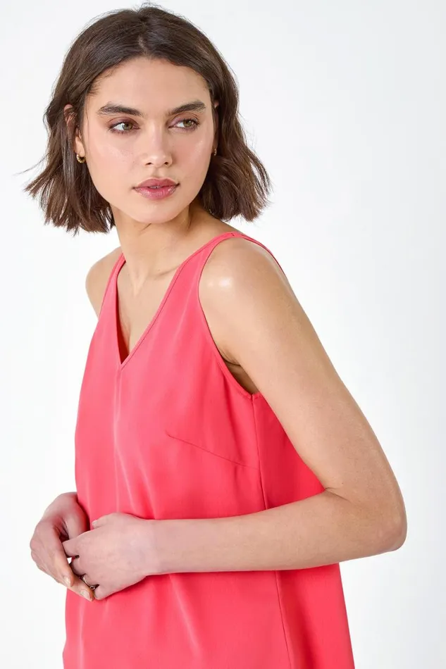 Women Coral VNeck Sleeveless Vest Top Roman Tops