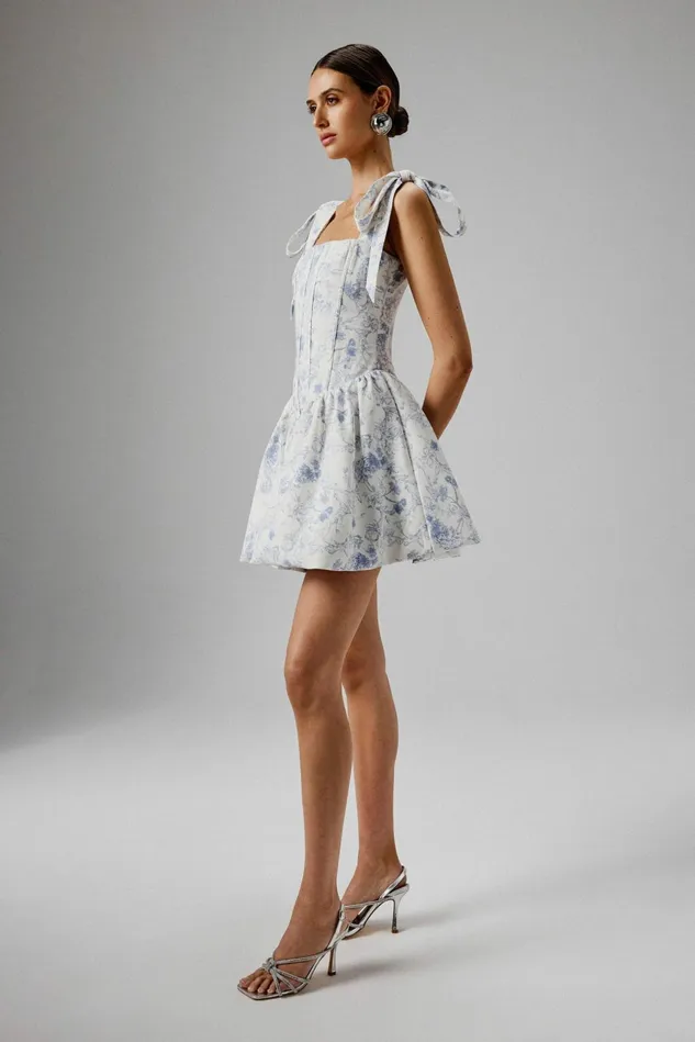 Women Corset Dresses Lavish Alice JULIETTE Tie Shoulder Bubble Hem Mini Dress In Blue Porcelain Blue Porcelain